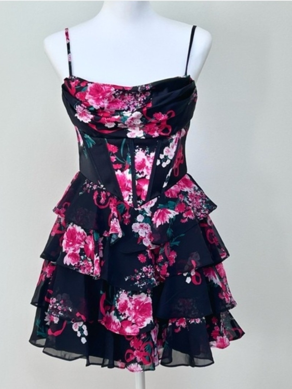 Tiered Floral Ruffle Mini Dress - Black with Pink Floral